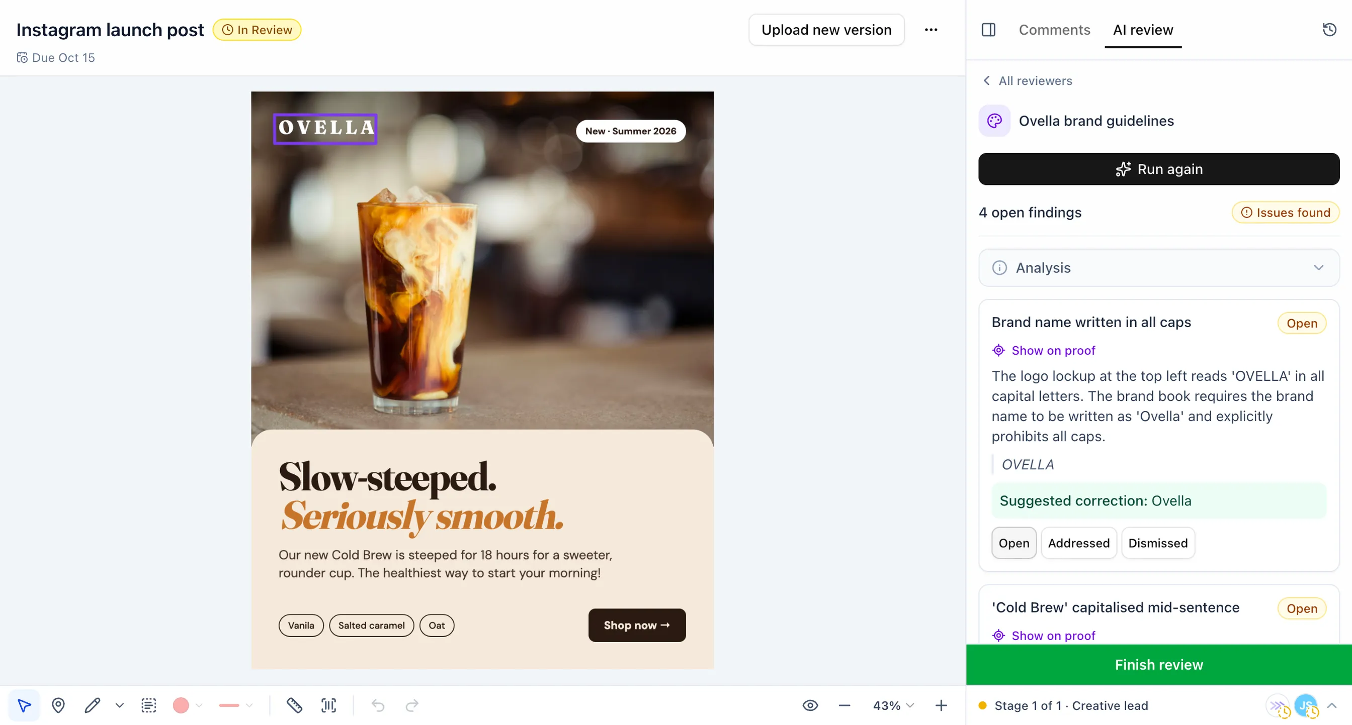 ProofNow proof of an Instagram post with the Ovella brand guidelines AI reviewer open, the all-caps OVELLA logo boxed on the artwork and a suggested correction to Ovella