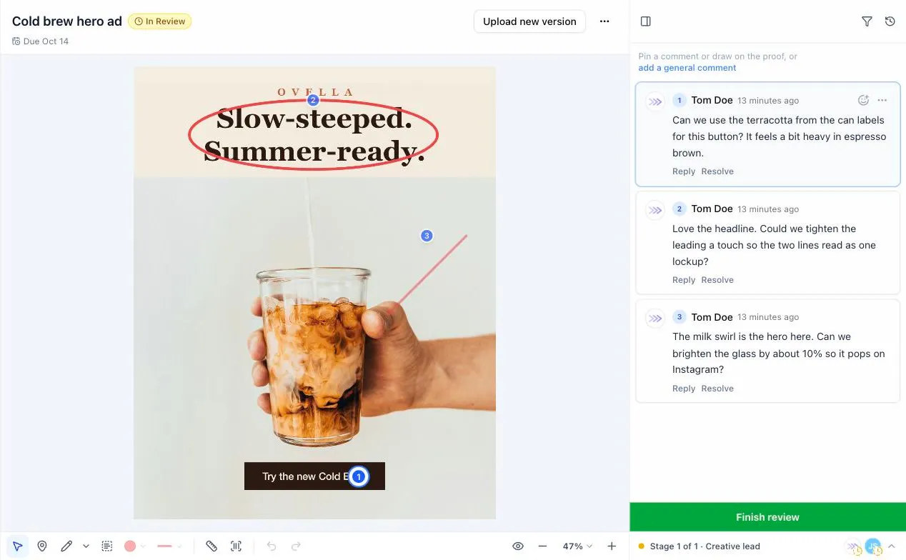 Reviewer circling the headline of a cold brew ad and leaving comments in ProofNow