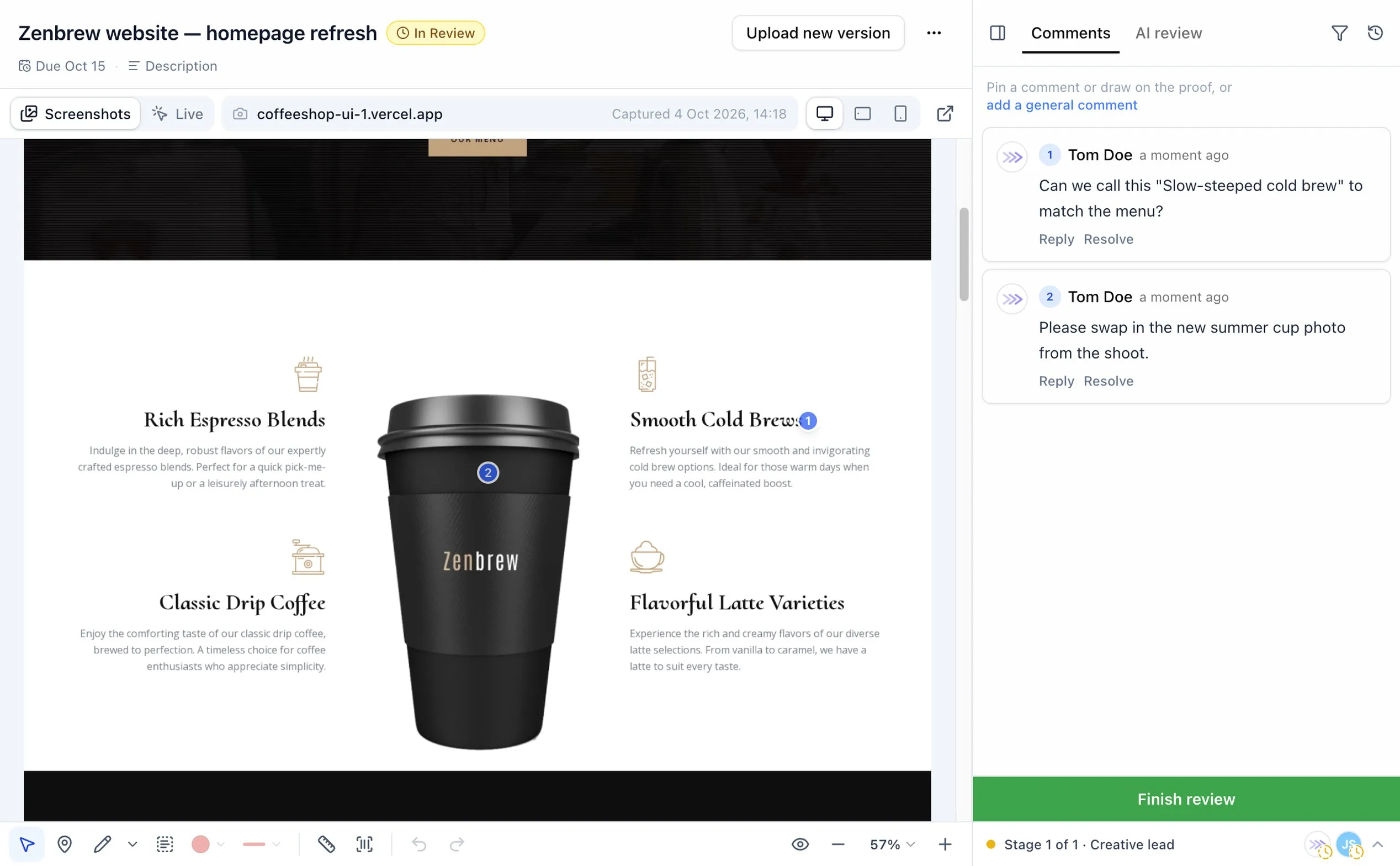 ProofNow website proof of the Zenbrew coffee shop homepage at desktop size, with two numbered comments pinned to a heading and a product photo