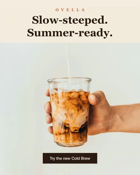 Photoshop file Ovella Cold Brew - Hero Ad.psd previewed in ProofNow