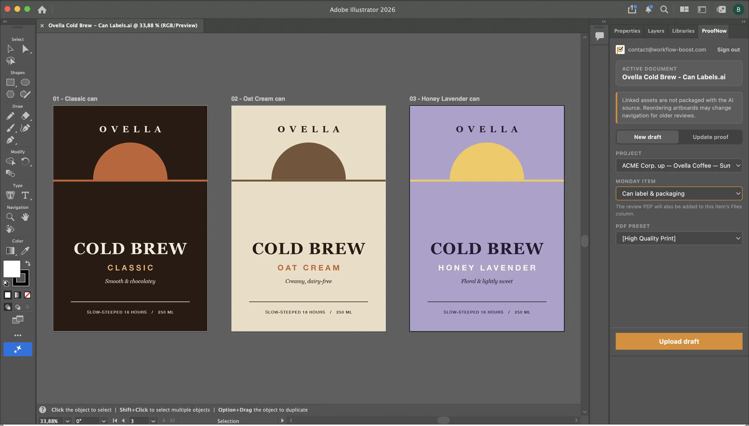 Adobe Illustrator can label artboards with the ProofNow panel ready to upload a draft