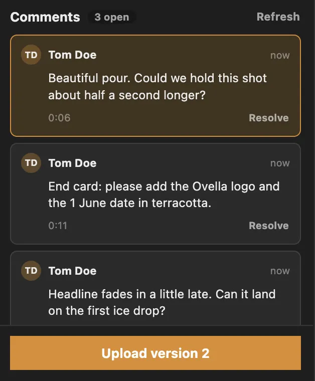 ProofNow panel listing reviewer comments with resolve actions