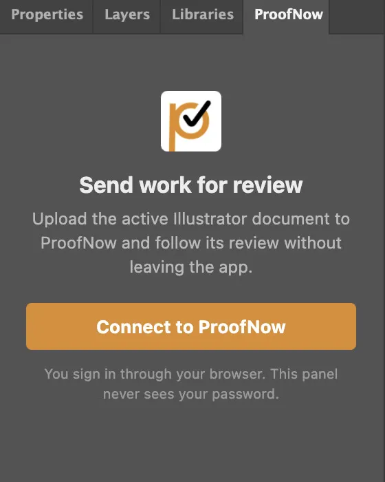 ProofNow panel asking the designer to connect to ProofNow
