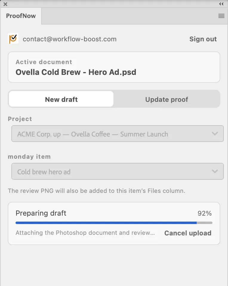 ProofNow panel uploading a Photoshop document as a new proof version
