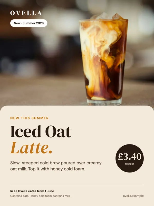 Version 2 of the Ovella iced oat latte poster