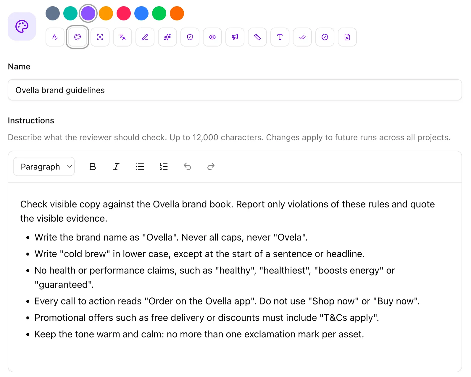 AI reviewer editor with the Ovella brand guidelines written as six bullet-point rules