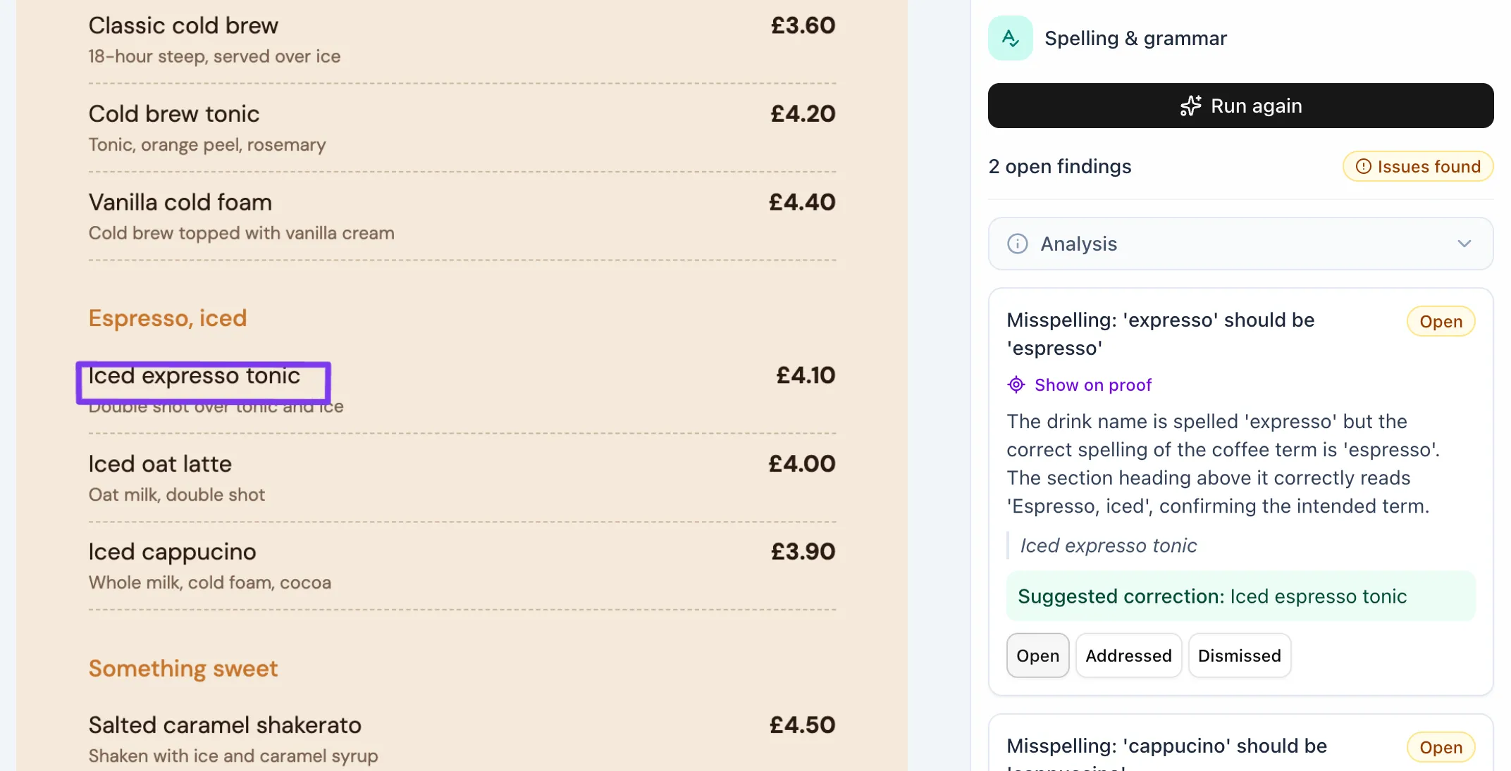 Spelling and grammar reviewer boxing “Iced expresso tonic” on a café menu and suggesting “Iced espresso tonic”