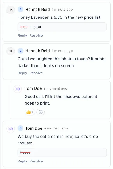 ProofNow comments with copy marks: a price changed from 5.50 to 5.30 and the word “house” crossed out, with a threaded reply and a reaction