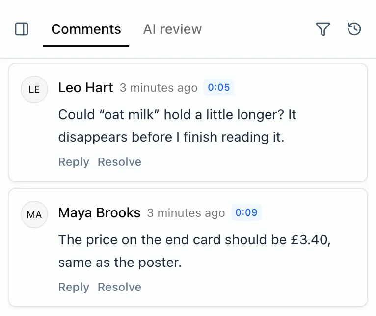 ProofNow comments on a video: Leo Hart at 0:05 asks for “oat milk” to stay on screen longer, and Maya Brooks at 0:09 says the end card price should be £3.40