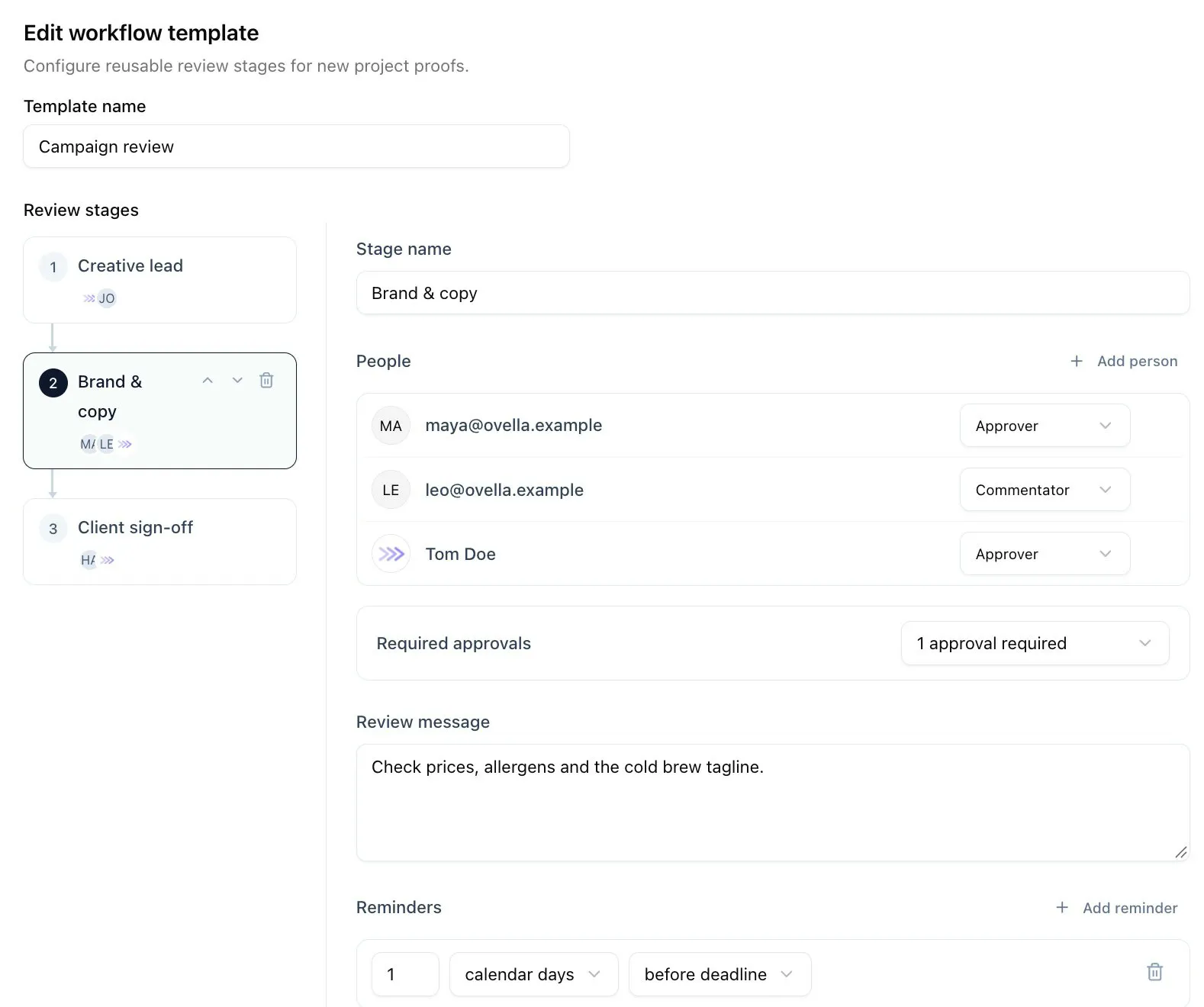 Editing a workflow template in ProofNow: three steps, with the Brand & copy step showing two people who approve and one who comments, one approval required, a note for reviewers and a reminder before the deadline