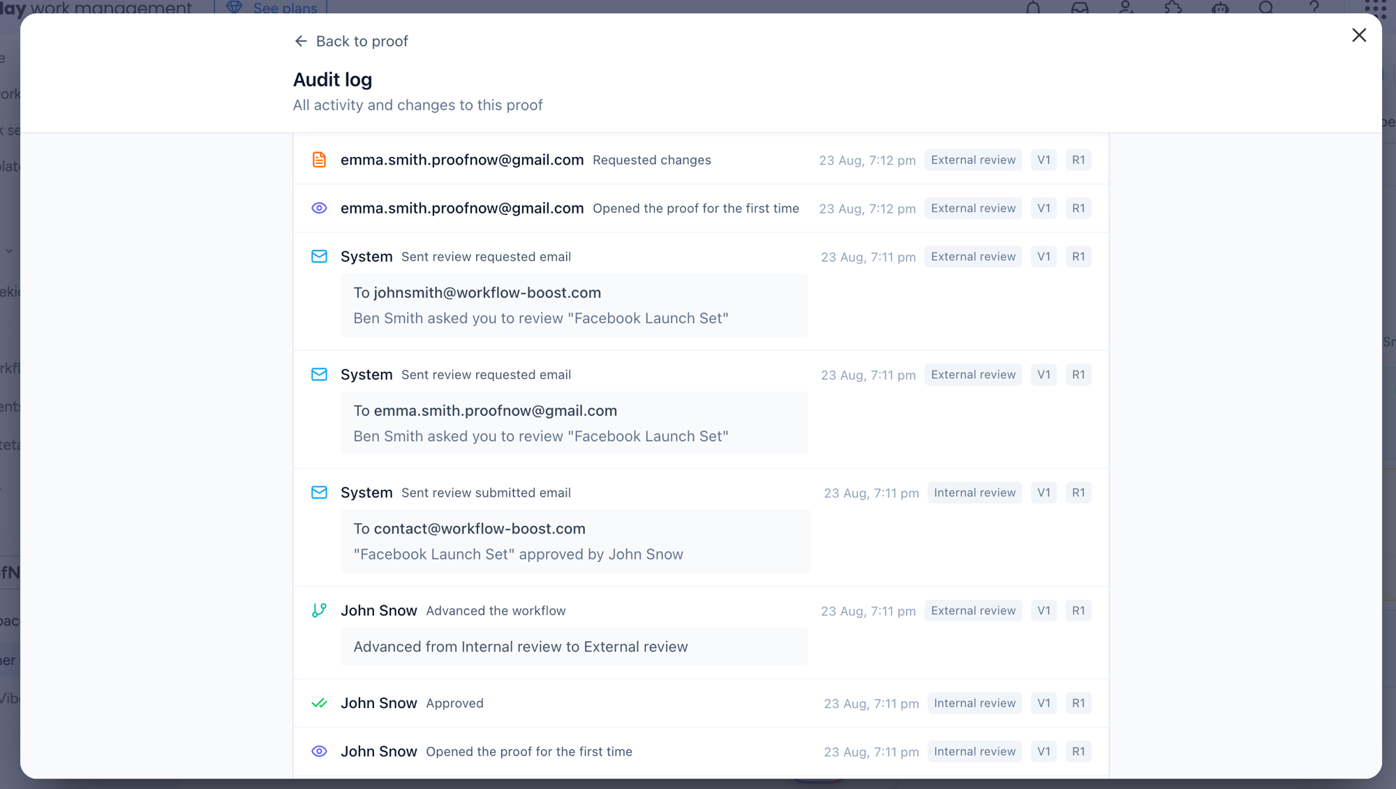 ProofNow audit log showing proof history and activity