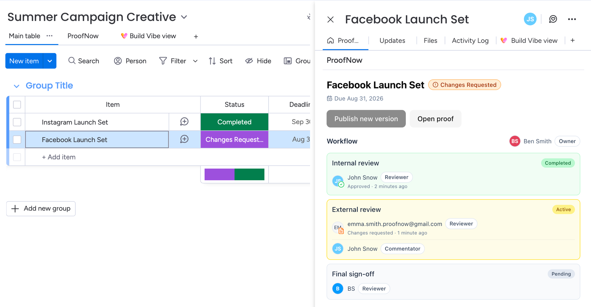 ProofNow multi-stage approval workflow inside a monday.com item